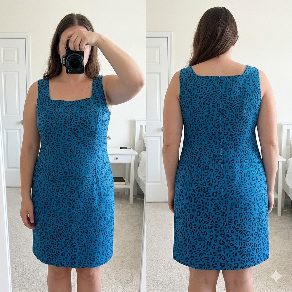 Sag Harbor Vintage‎ 90s Blue Leopard Print Sheath Dress Size 14 Sleeveless Shift